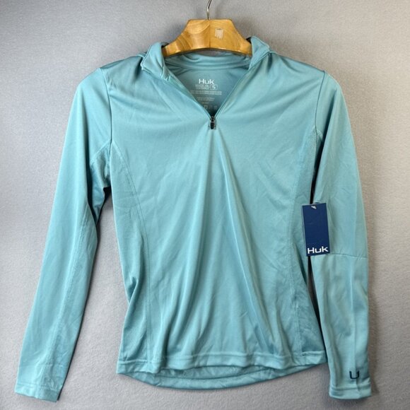 Huk‎ Icon X 1/4 Zip Hoodie Womens Size Small Teal Fishing Top NWT Has Small Pull - Picture 1 of 11